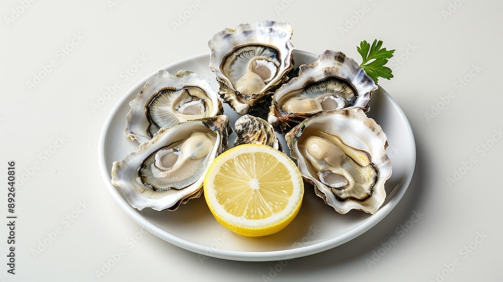 Japanese oysters, size number 1, with lemon slices. Fresh and alive raw seafood on a clean white plate Japanese oysters, size number 1, with lemon slices. Fresh and alive raw seafood on a clean white plate