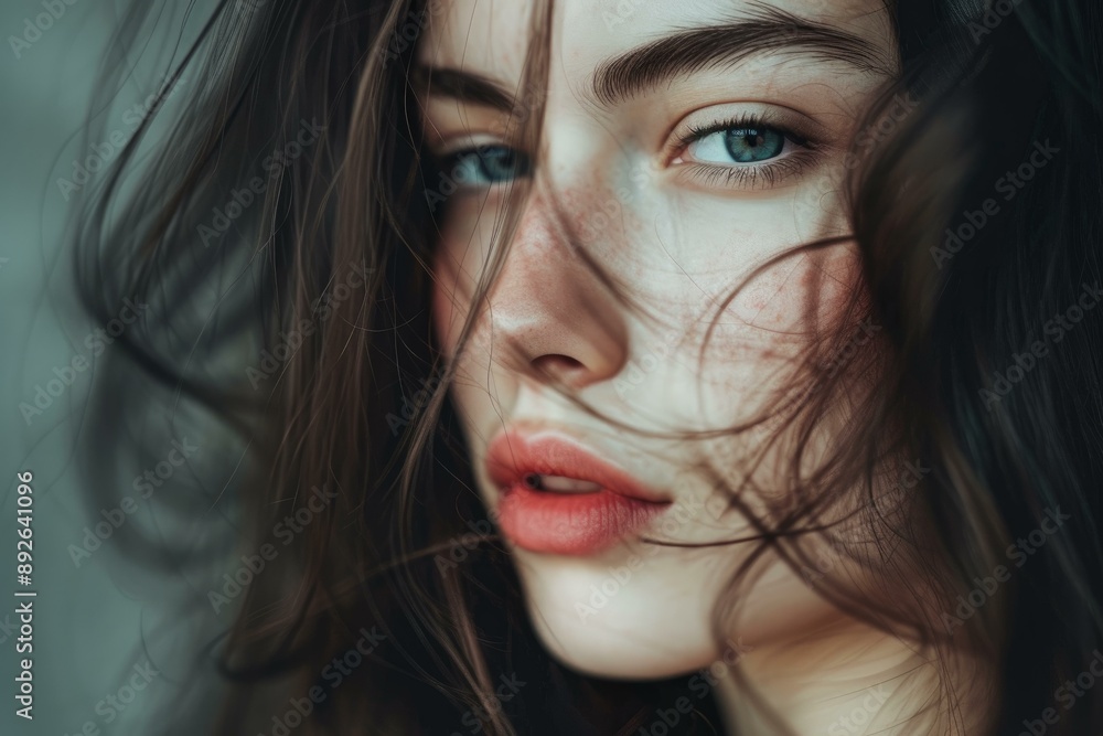 Close-up portrait of a beautiful young woman with striking eyes and windswept hair Close-up portrait of a beautiful young woman with striking eyes and windswept hair