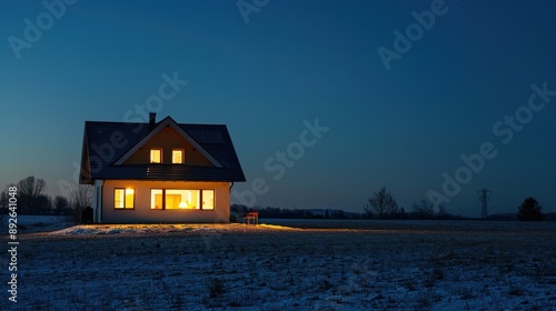 Night-time photograph of a photovoltaic house illuminated by energy-saving LED lights.  © Wattana