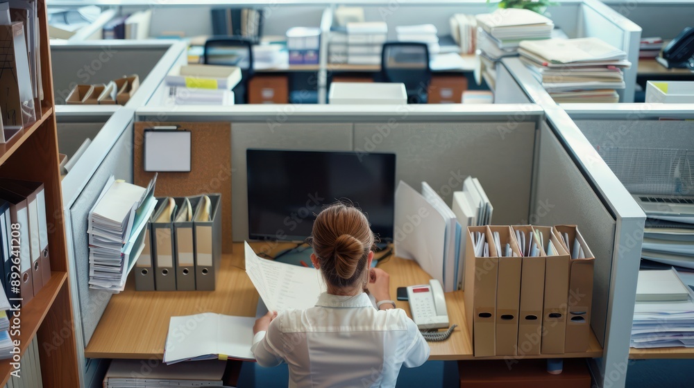 Office worker organizing files in a neatly arranged office cubicle. Office worker organizing files in a neatly arranged office cubicle.