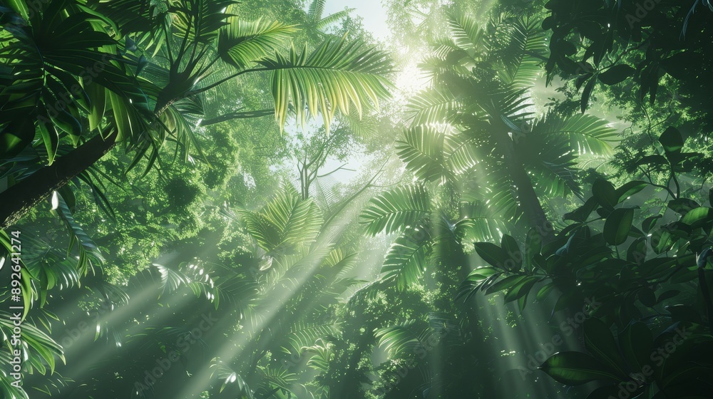 Obraz premium Enchanting View of Sunlit Rainforest Canopy with Detailed Foliage.