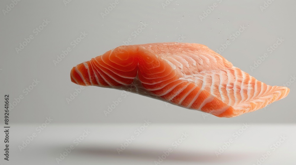 Raw salmon in free fall against a white backdrop, showcasing its bright pink hue and smooth texture, full depth of field Raw salmon in free fall against a white backdrop, showcasing its bright pink hue and smooth texture, full depth of field