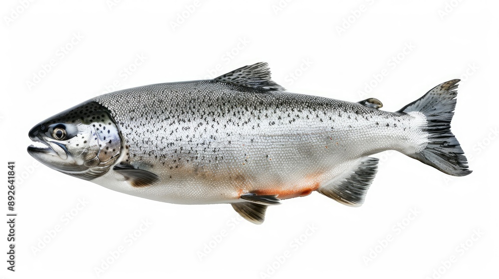Naklejka premium Raw salmon in free fall against a white background, highlighting its detailed scales and natural color