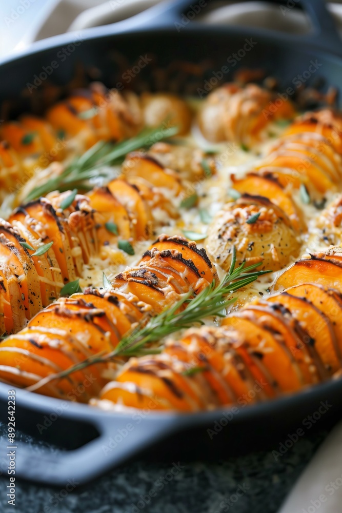 golden and crispy hasselback potato and sweet potato gratin, baked to perfection in a cast iron dish, rustic and warm colors golden and crispy hasselback potato and sweet potato gratin, baked to perfection in a cast iron dish, rustic and warm colors