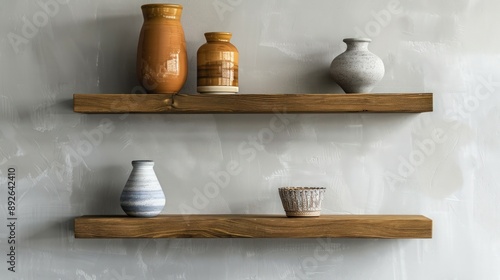 Minimalist Floating Shelves with Decorative Ceramic Vases in Modern Kitchen