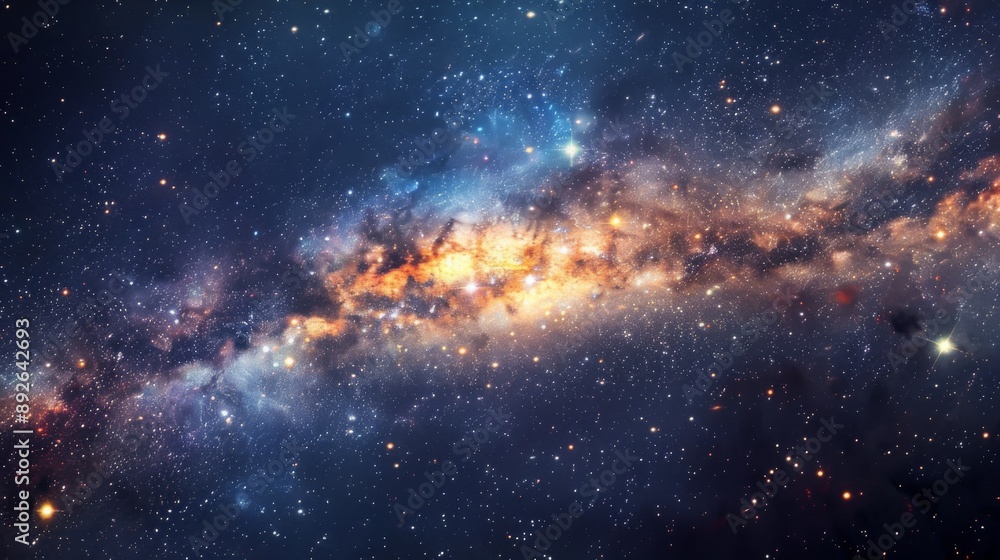 The Milky Way galaxy with millions of stars and nebulae visible in deep space The Milky Way galaxy with millions of stars and nebulae visible in deep space