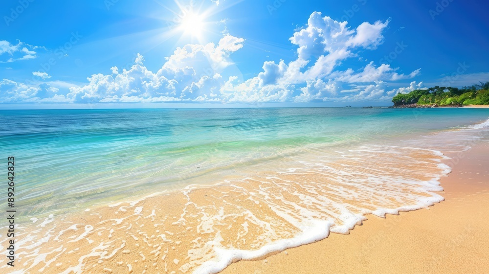 Scenic beach with clear water and bright sky, ideal for tourism promotion designs