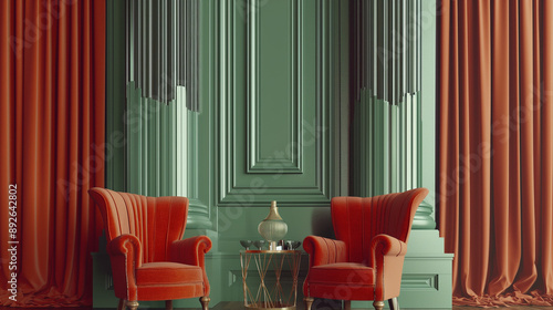 Two Red Velvet Armchairs In A Green Room With Orange Curtains