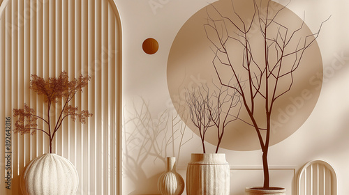 Minimalist Interior Design With Branch Arrangements and a Textured Wall
