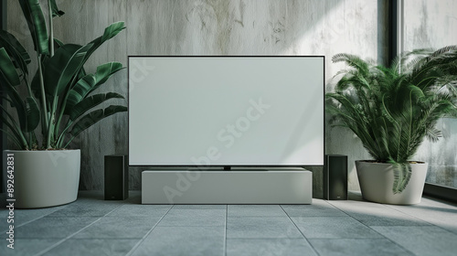 Modern Living Room Interior With Large Television and Plants