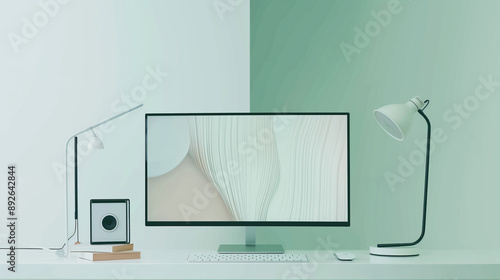 Modern Desk Setup With a White Desk Lamp and a Computer Monitor