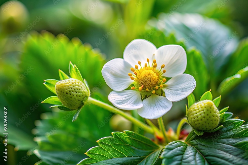 Close-up of a white strawberry blossom with green leaves. Close-up of a white strawberry blossom with green leaves.