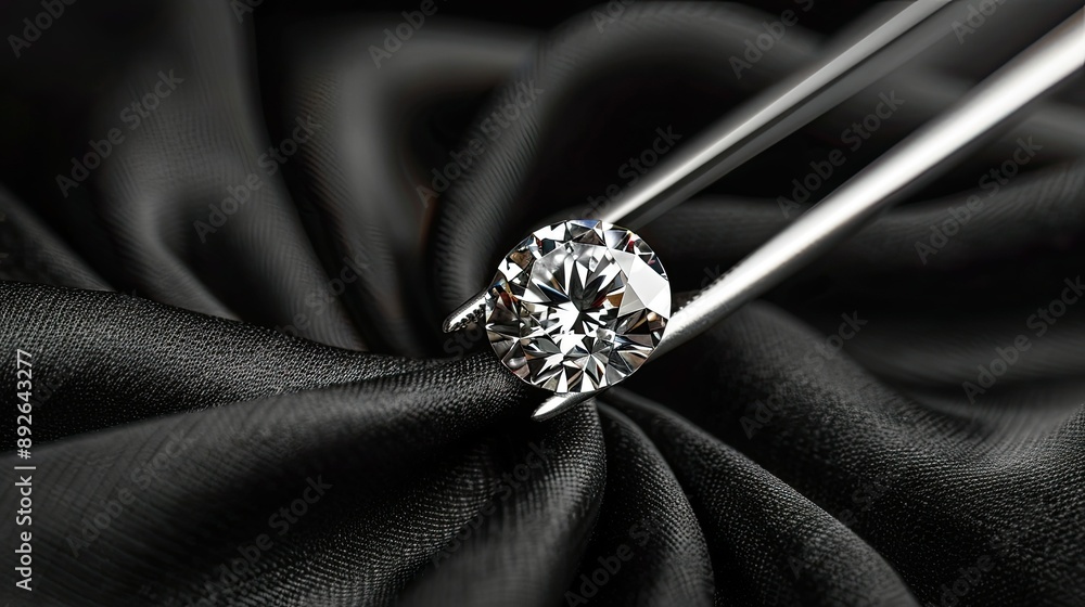 Shiny diamond held by tweezers on black fabric, top view, with text space, ideal for elegant business ads Shiny diamond held by tweezers on black fabric, top view, with text space, ideal for elegant business ads