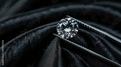 Shiny diamond held by tweezers on black fabric, top view, with ample space for text, perfect for premium branding photo