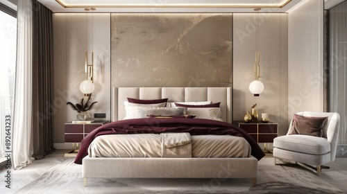 Modern bedroom in beige with burgundy highlights and brass accents, featuring stylish, minimalist decor and a contemporary look.