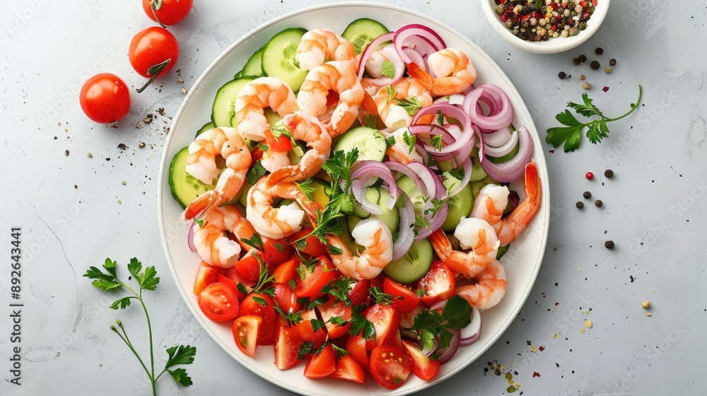 Shrimp salad displayed on a white stone background, top view, with fresh seafood and a colorful mix of ingredients Shrimp salad displayed on a white stone background, top view, with fresh seafood and a colorful mix of ingredients