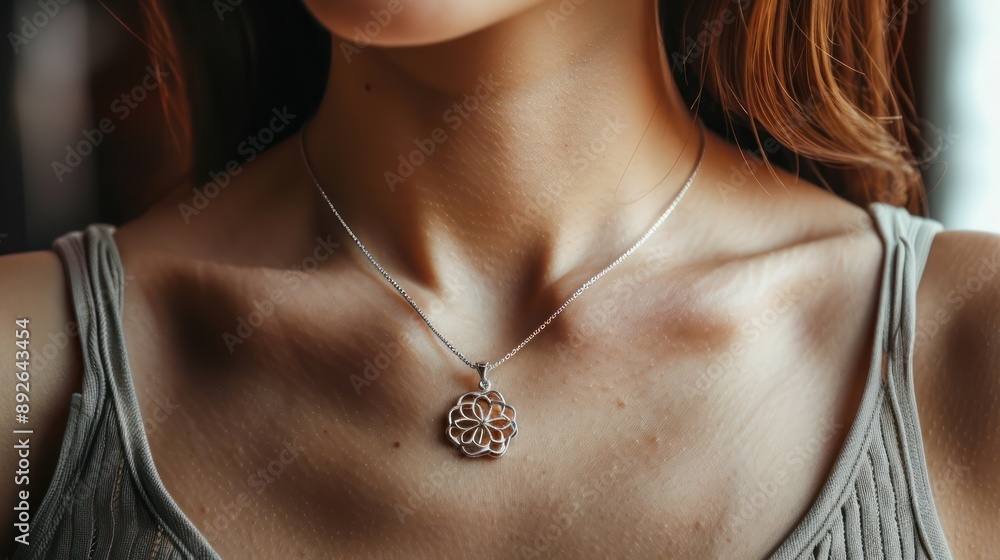 Woman wearing a pendant necklace, with focus on the intricate pendant design. Woman wearing a pendant necklace, with focus on the intricate pendant design.