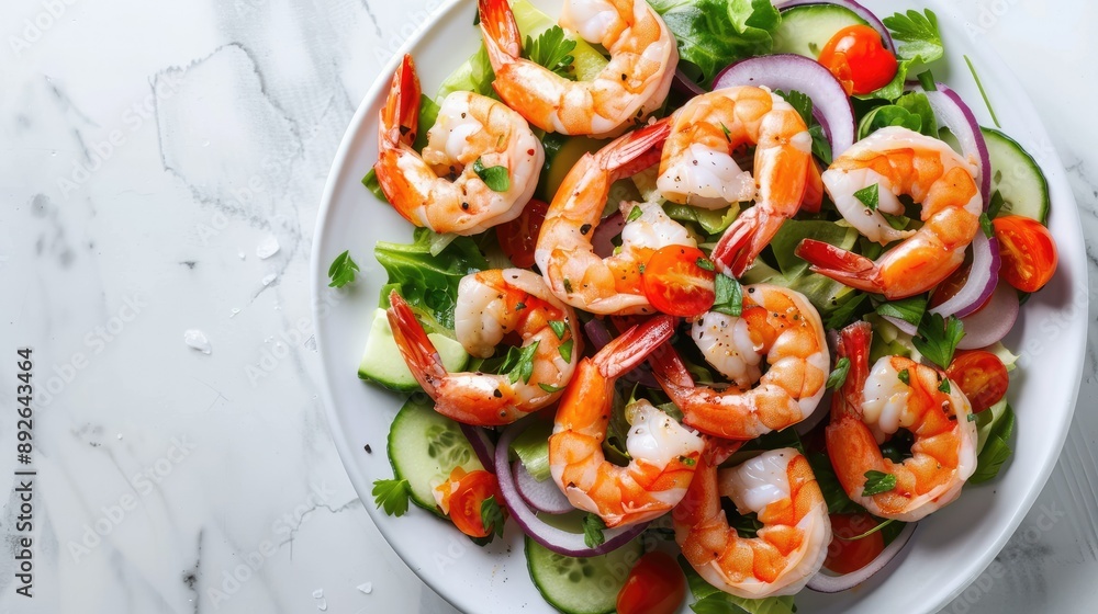Shrimp salad displayed on white stone, capturing the vibrant ingredients and fresh seafood, top view Shrimp salad displayed on white stone, capturing the vibrant ingredients and fresh seafood, top view