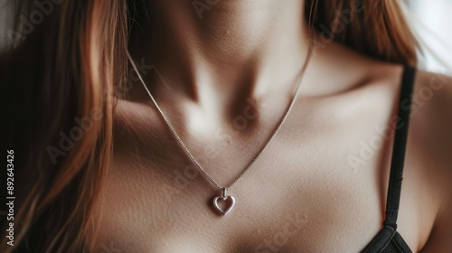 Woman wearing a heart necklace, with focus on the pendant against her neckline.