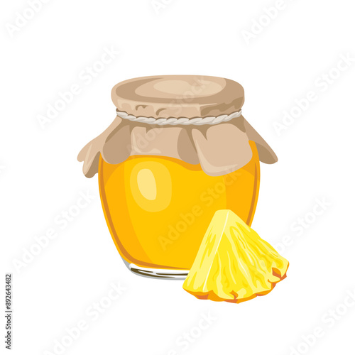 Pineapple jam in glass jar isolated on white background. Vector cartoon flat illustration.