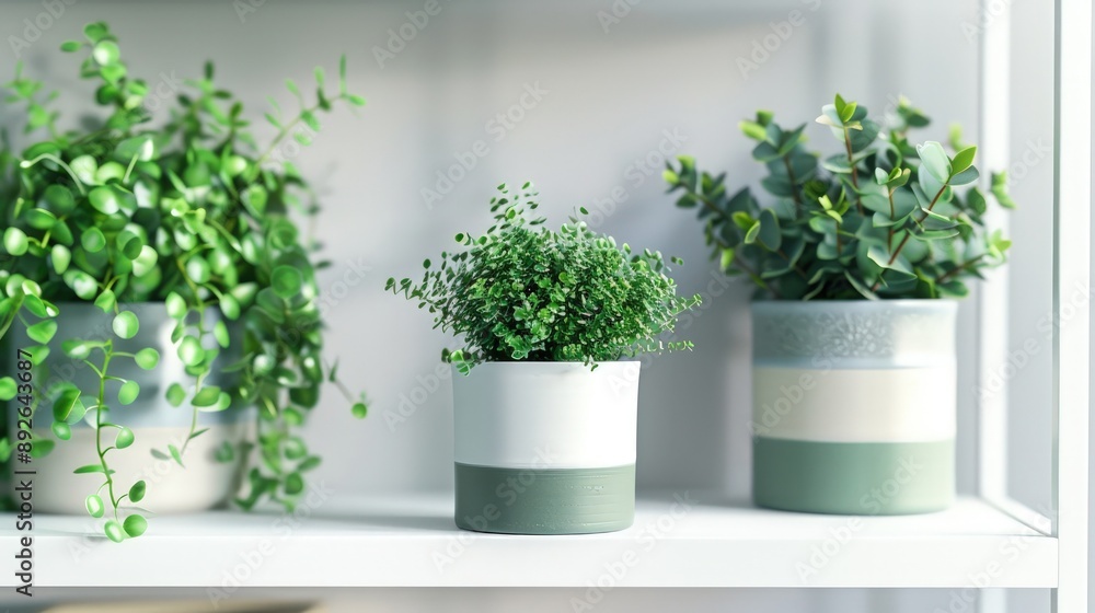 Modern Ceramic Plant Pots with Greenery on White Shelving Unit Modern Ceramic Plant Pots with Greenery on White Shelving Unit