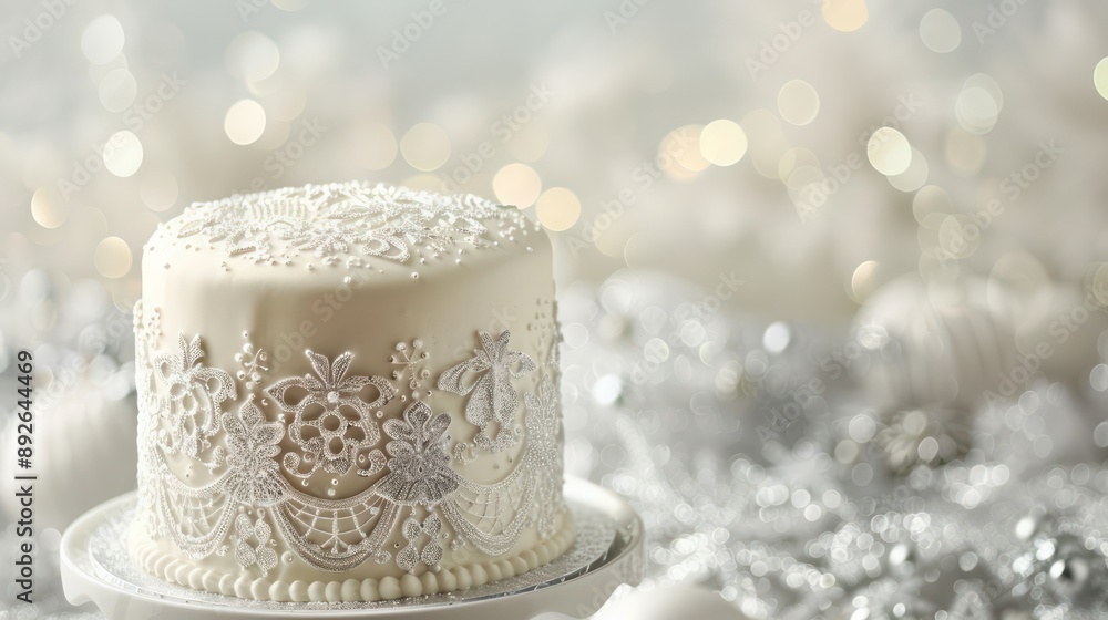 pure white cake with delicate, edible lace patterns in silver, set against a backdrop of soft, sparkling silver snowflakes pure white cake with delicate, edible lace patterns in silver, set against a backdrop of soft, sparkling silver snowflakes