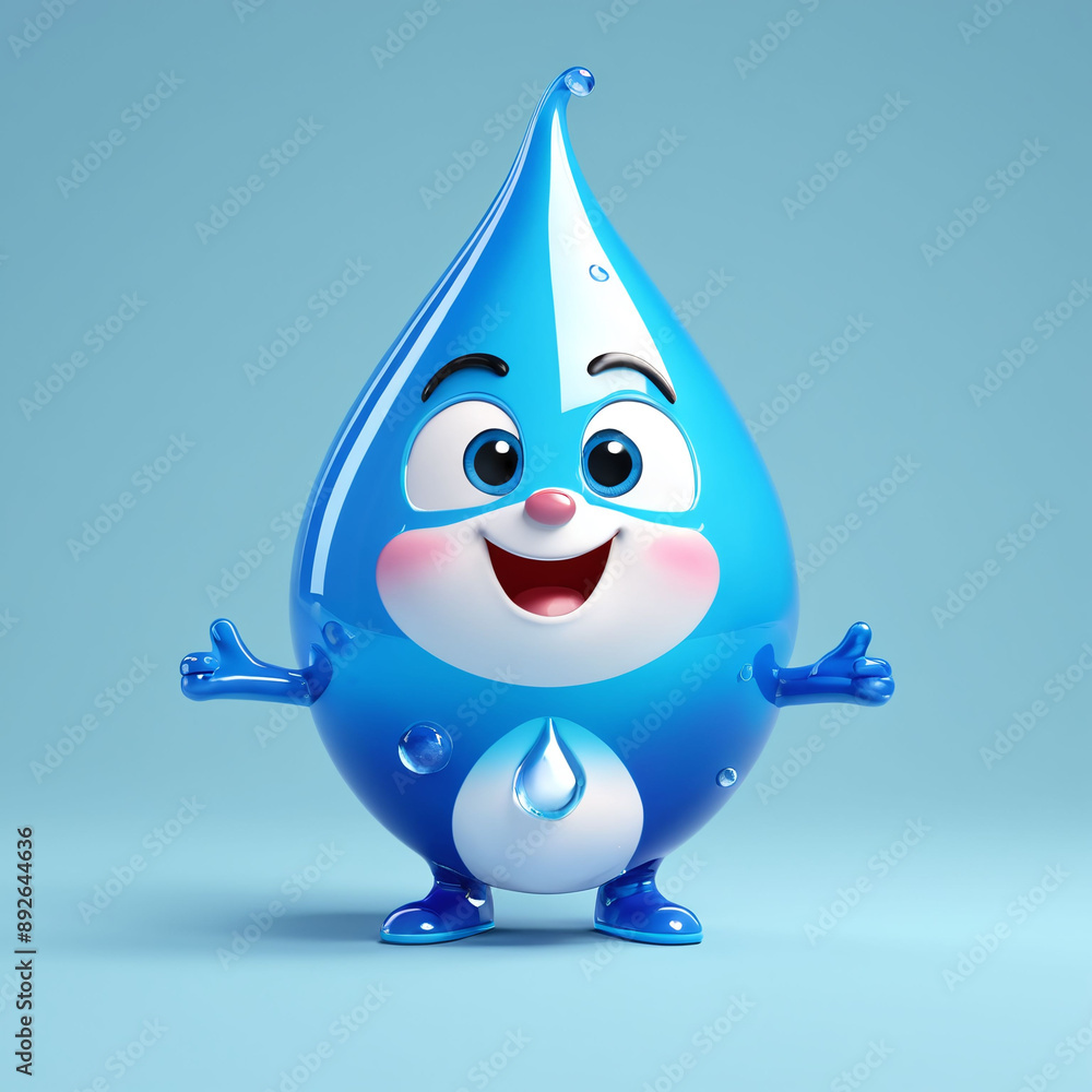 Cute cartoon water drop mascot character 3D on blue creature from transparent blue drops light background Cute cartoon water drop mascot character 3D on blue creature from transparent blue drops light background