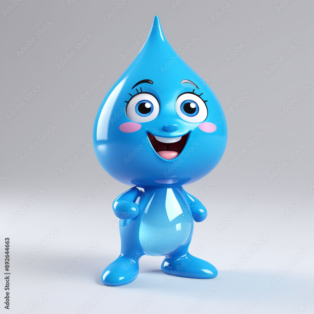 Cute cartoon water drop mascot character 3D on blue creature from transparent blue drops light background Cute cartoon water drop mascot character 3D on blue creature from transparent blue drops light background