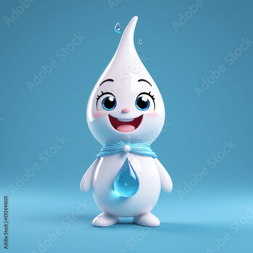 Cute cartoon water drop mascot character 3D on blue creature from transparent blue drops light background
