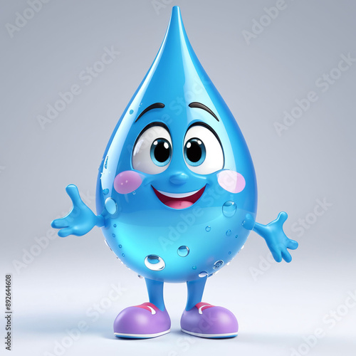 Cute cartoon water drop mascot character 3D on blue creature from transparent blue drops light background