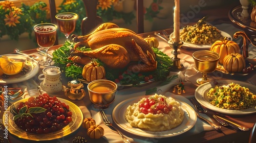 Sumptuous of a Thanksgiving Banquet with Succulent Turcarkey and Vibrant Salad photo