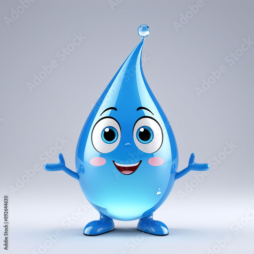 Cute cartoon water drop mascot character 3D on blue creature from transparent blue drops light background