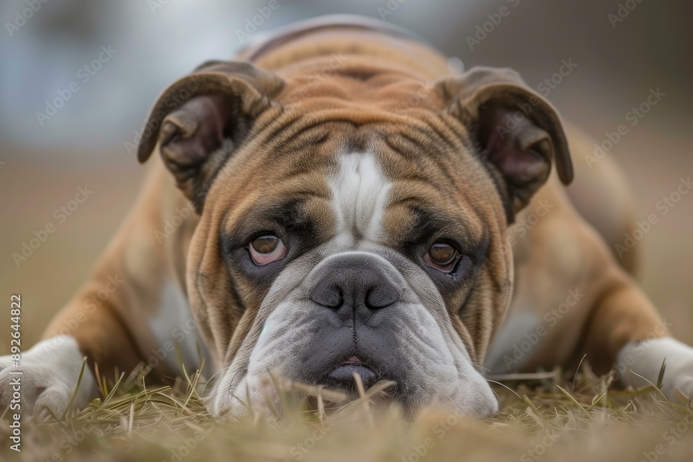 Close-up of a calm bulldog resting outdoors with a soft-focused background Close-up of a calm bulldog resting outdoors with a soft-focused background