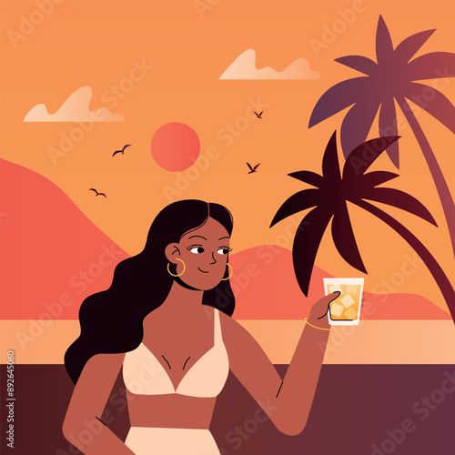 Young women in swimsuit with coctail on the beach, vector summer illustration. Relaxing on the beach and drinking coctail