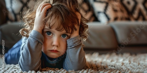 Emotional Portrait of a Child Burdened with Adult Responsibilities: Depicting Fatigue and Stress of Household Chores. Raising Awareness for Child Depression, Neglect, and Left-behind Children's Welfar photo