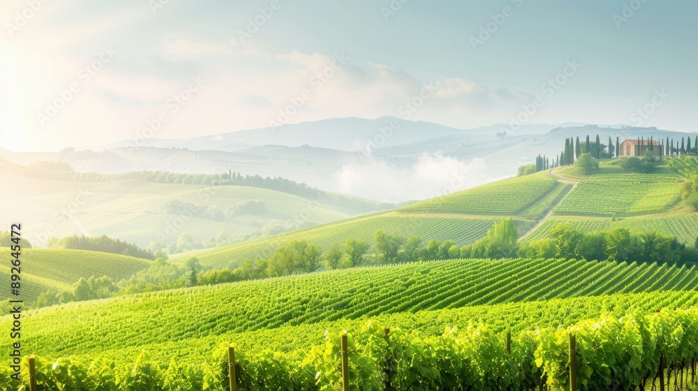 Rolling hills of a vineyard with green grapevines and distant mountains under a clear sky. Ideal for nature or agricultural themes. Rolling hills of a vineyard with green grapevines and distant mountains under a clear sky. Ideal for nature or agricultural themes.