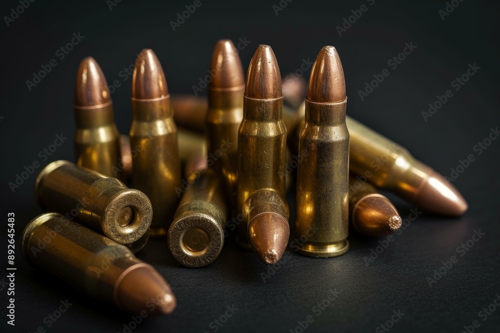 Close-up image of metal rifle bullets arranged on a dark surface, symbolizing power and defense Close-up image of metal rifle bullets arranged on a dark surface, symbolizing power and defense