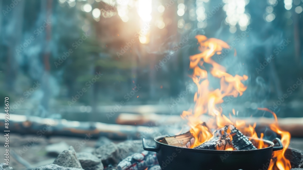 Cooking pot on a campfire with smoke and sunlight filtering through the forest. Concept of outdoor cooking and wilderness adventure. Cooking pot on a campfire with smoke and sunlight filtering through the forest. Concept of outdoor cooking and wilderness adventure.