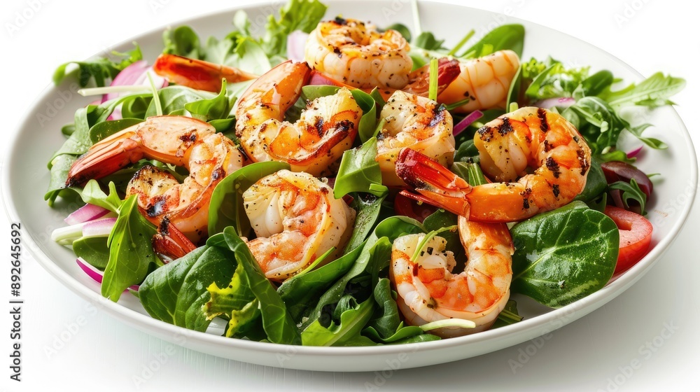 Vibrant green salad with grilled shrimp and vegetables, isolated on a white background, showcasing fresh seafood and healthy ingredients Vibrant green salad with grilled shrimp and vegetables, isolated on a white background, showcasing fresh seafood and healthy ingredients