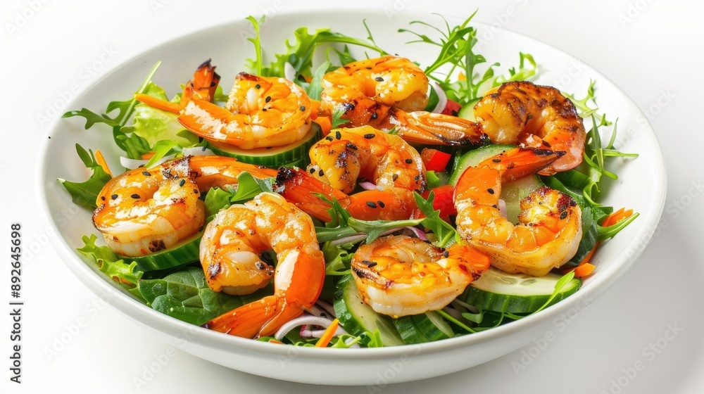 Vibrant green salad with grilled shrimp and vegetables, isolated on white background, emphasizing a healthy, seafood-rich meal Vibrant green salad with grilled shrimp and vegetables, isolated on white background, emphasizing a healthy, seafood-rich meal