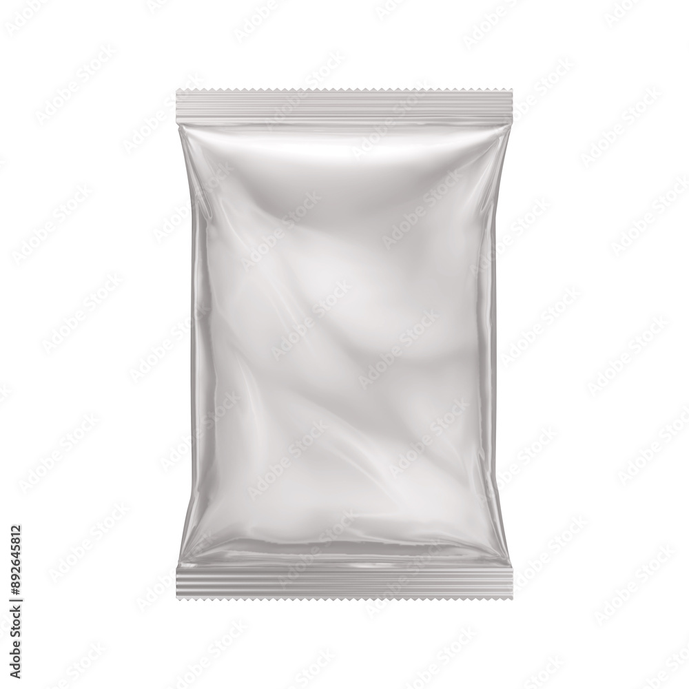 Exclusive MWhite grey silver foil blank bag package on white background aluminium bag Packaging sachet mockup food branding packaging 3D rendering, 3D illustraockups for Branding and Packaging Design