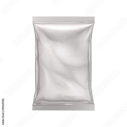 Obraz na płótnie Exclusive MWhite grey silver foil blank bag package on white background aluminium bag Packaging sachet mockup food branding packaging 3D rendering, 3D illustraockups for Branding and Packaging Design w salonie