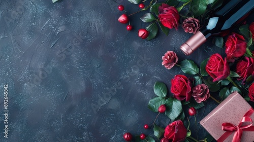 Romantic Valentine's Day setting with red roses, wine bottle, and hearts on a dark background, creating a romantic and intimate atmosphere.