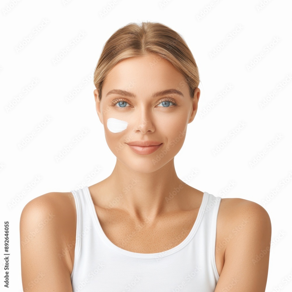 A woman in a half-body view, with visible arms, applying a premium face cream. The background is isolated on a white background. A woman in a half-body view, with visible arms, applying a premium face cream. The background is isolated on a white background.