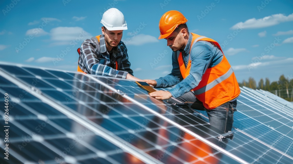 Technicians inspecting photovoltaic batteries for capacity and efficiency. Technicians inspecting photovoltaic batteries for capacity and efficiency.