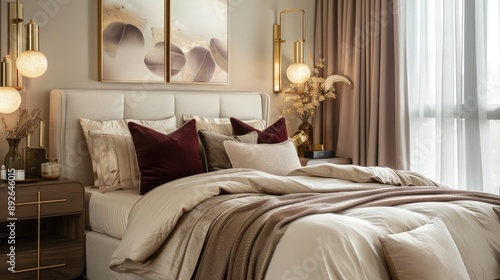 Stylish modern bedroom with beige bedding, maroon decor, and brass accent lamps, creating an elegant and trendy interior design.