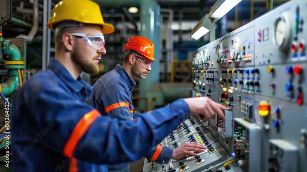 Technicians operating control panels at a photovoltaic plant facility. Technicians operating control panels at a photovoltaic plant facility.