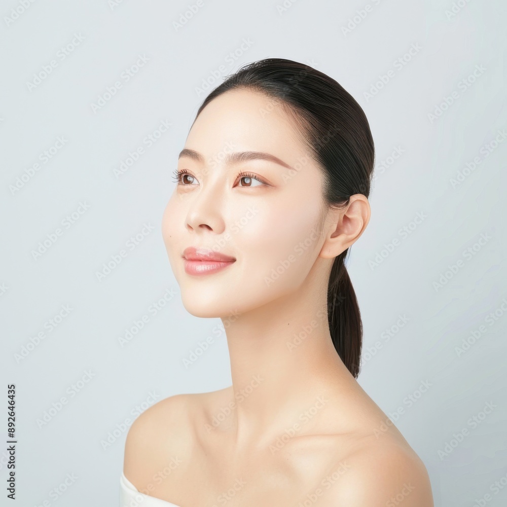 A woman in a half-body view, with visible arms, following a multi-step K-beauty skincare routine. The background is isolated on a white background. A woman in a half-body view, with visible arms, following a multi-step K-beauty skincare routine. The background is isolated on a white background.