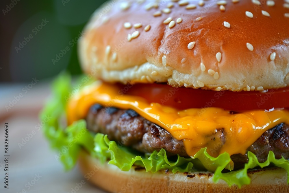 Close-up of a juicy gourmet cheeseburger with a perfectly grilled beef patty, melted cheddar cheese, fresh lettuce and tomato, all sandwiched between a sesame seed bun Close-up of a juicy gourmet cheeseburger with a perfectly grilled beef patty, melted cheddar cheese, fresh lettuce and tomato, all sandwiched between a sesame seed bun