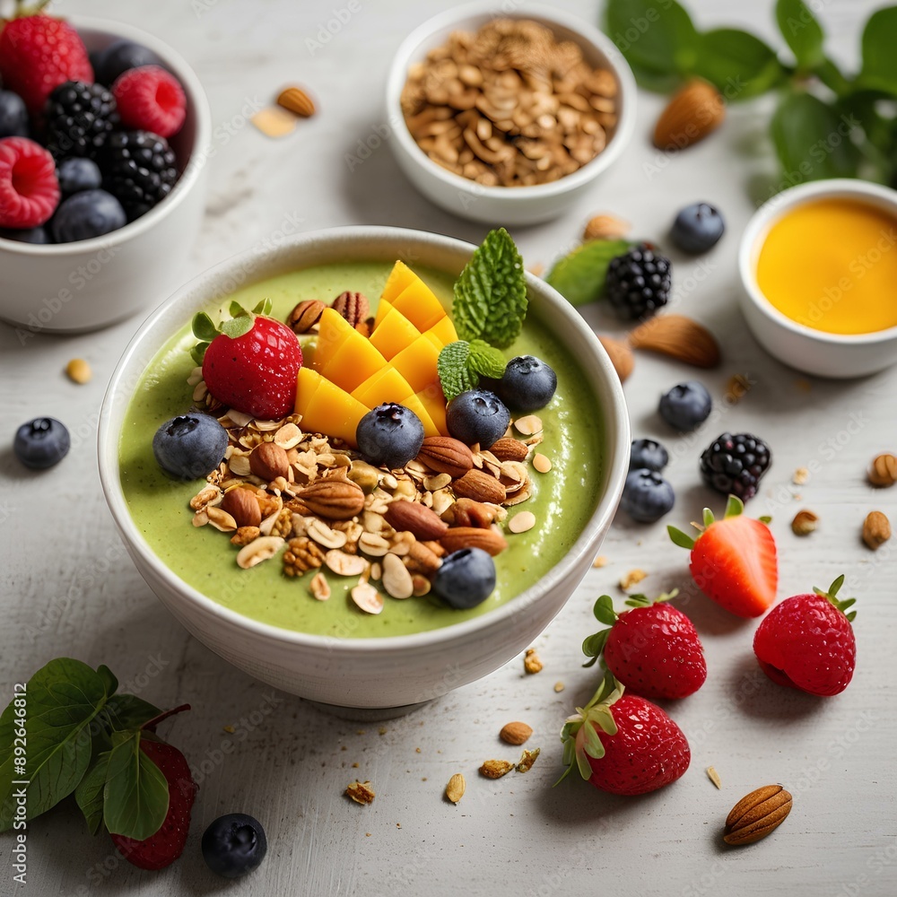 bowl of matcha mango smoothie with fresh berries, nuts and oat granola for healthy breakfast , bowl of matcha mango smoothie with fresh berries, nuts and oat granola for healthy breakfast ,